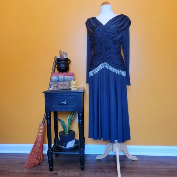 green emerald velvet dress 70s Rhinestone Studded Maxi Dress
